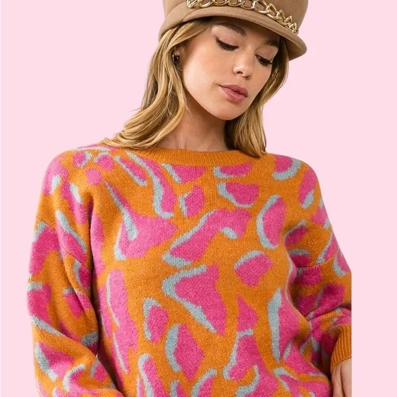 Bibi Orange and Pink Crew Neck Sweater with leopard Playful Pattern Size L - Picture 1 of 11